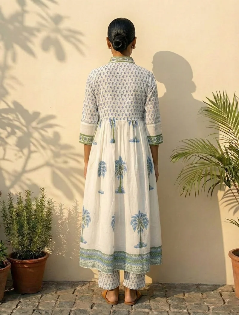 ترو برونز trueBrowns White Blue Printed Anarkali Kurta Pant Dupatta Set